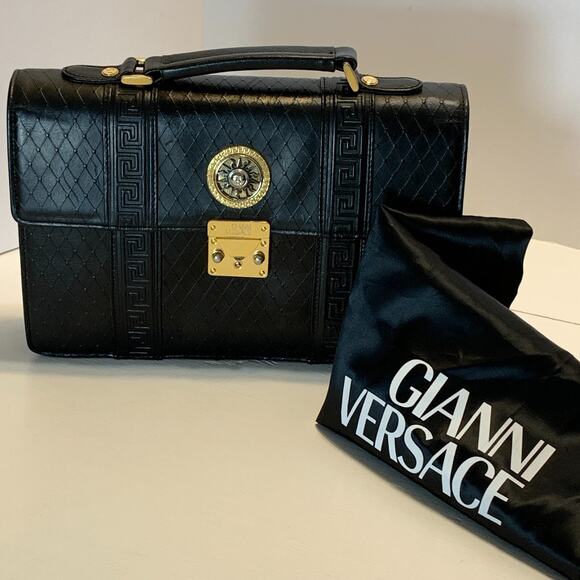 Vintage 80s Gianni Versace Black Leather Briefcase Medusa Sun Medallion Dust Bag - Picture 1 of 16